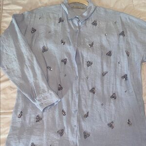 Embellished Light Blue Button-Up Shirt